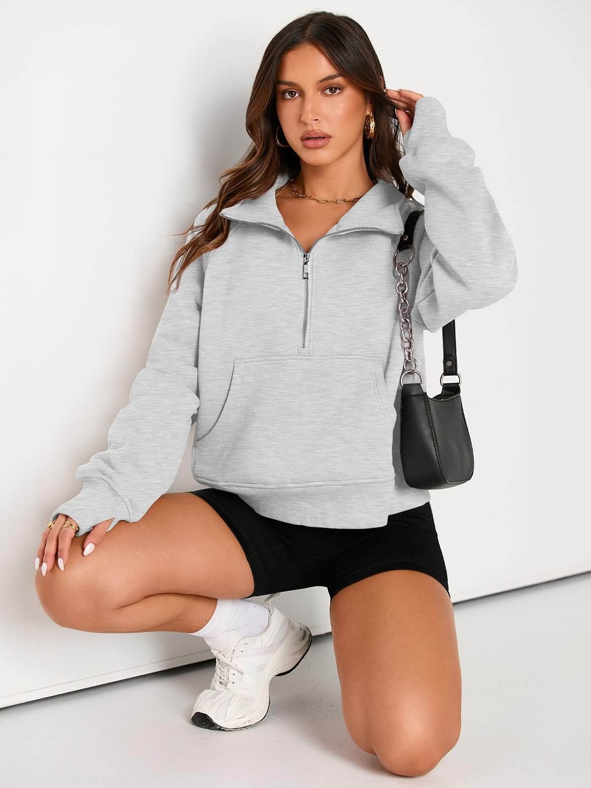 Women's Oversized Half-Zip Fleece Pullover Hoodie - Cozy Fall Sweatshirt / Grey - Image 4