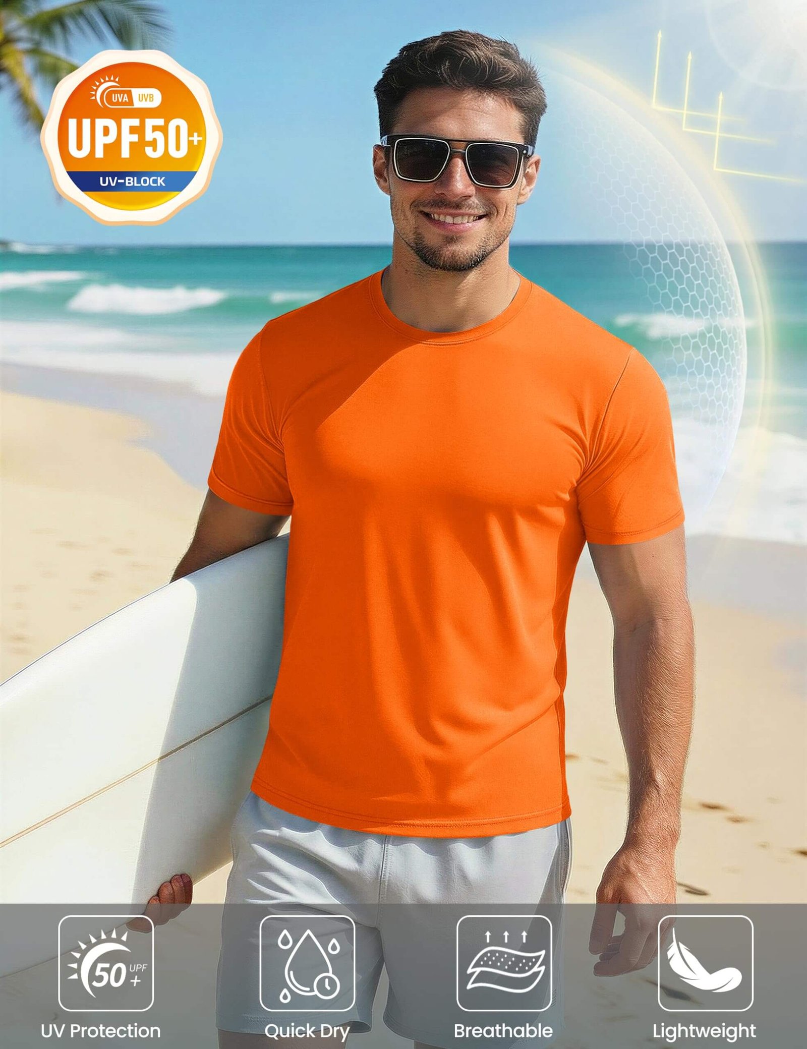 Men's UPF 50+ Quick Dry Performance T-Shirt - Orange / Sun Protection Running & Swim Tee - Image 3