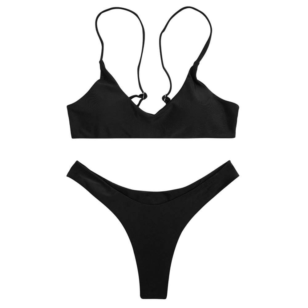 Women's Push-Up Brazilian Bikini Set - Low Scoop Neck / Padded / Solid Black - Image 4