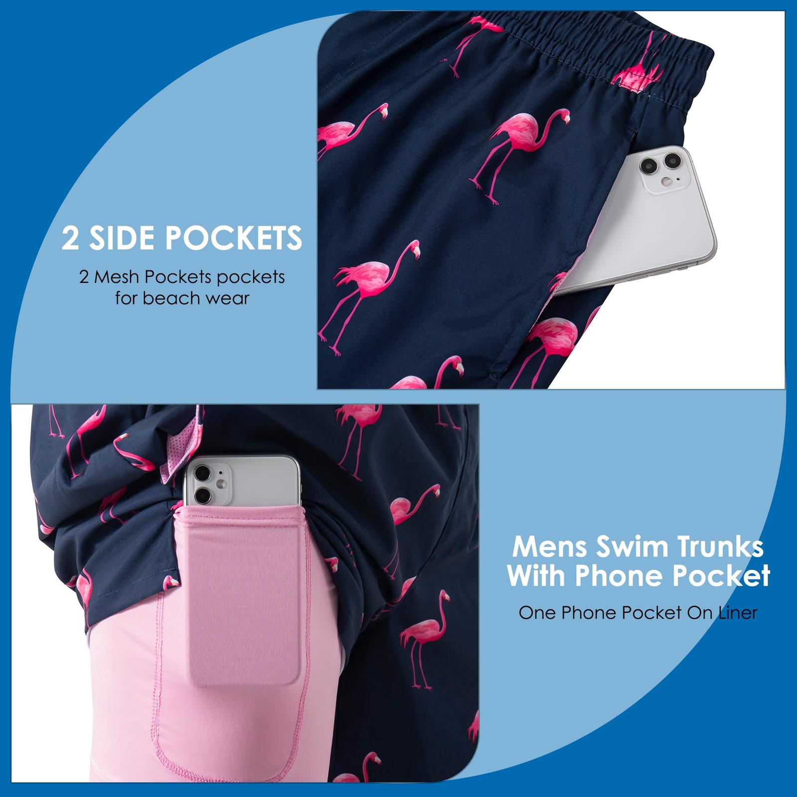 Men's Hawaiian Flamingo Print Swim Trunks - Navy Blue / Quick-Dry with Mesh Liner & Pockets - Image 2