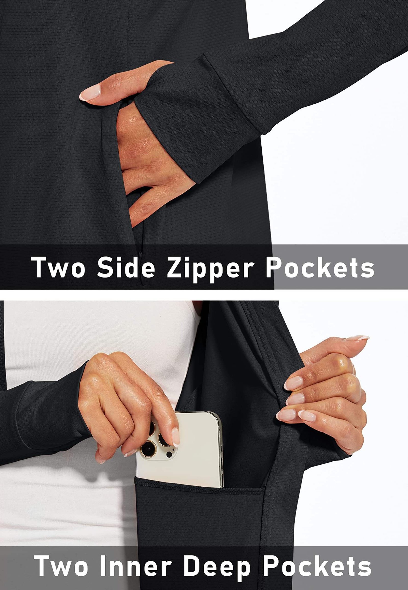 Close-up of side zipper pocket and thumbhole detail on women's sun protection jacket