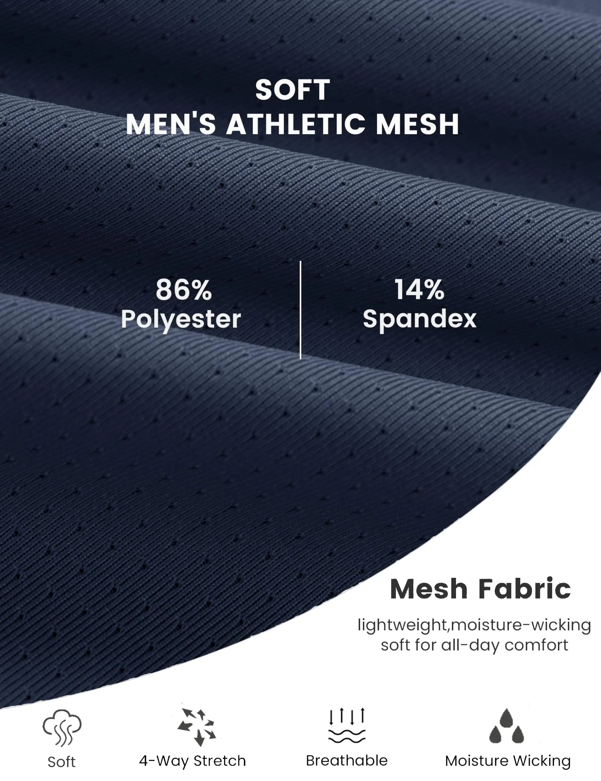 Close-up of breathable mesh fabric on men's running top showing 86% polyester 14% spandex weave pattern
