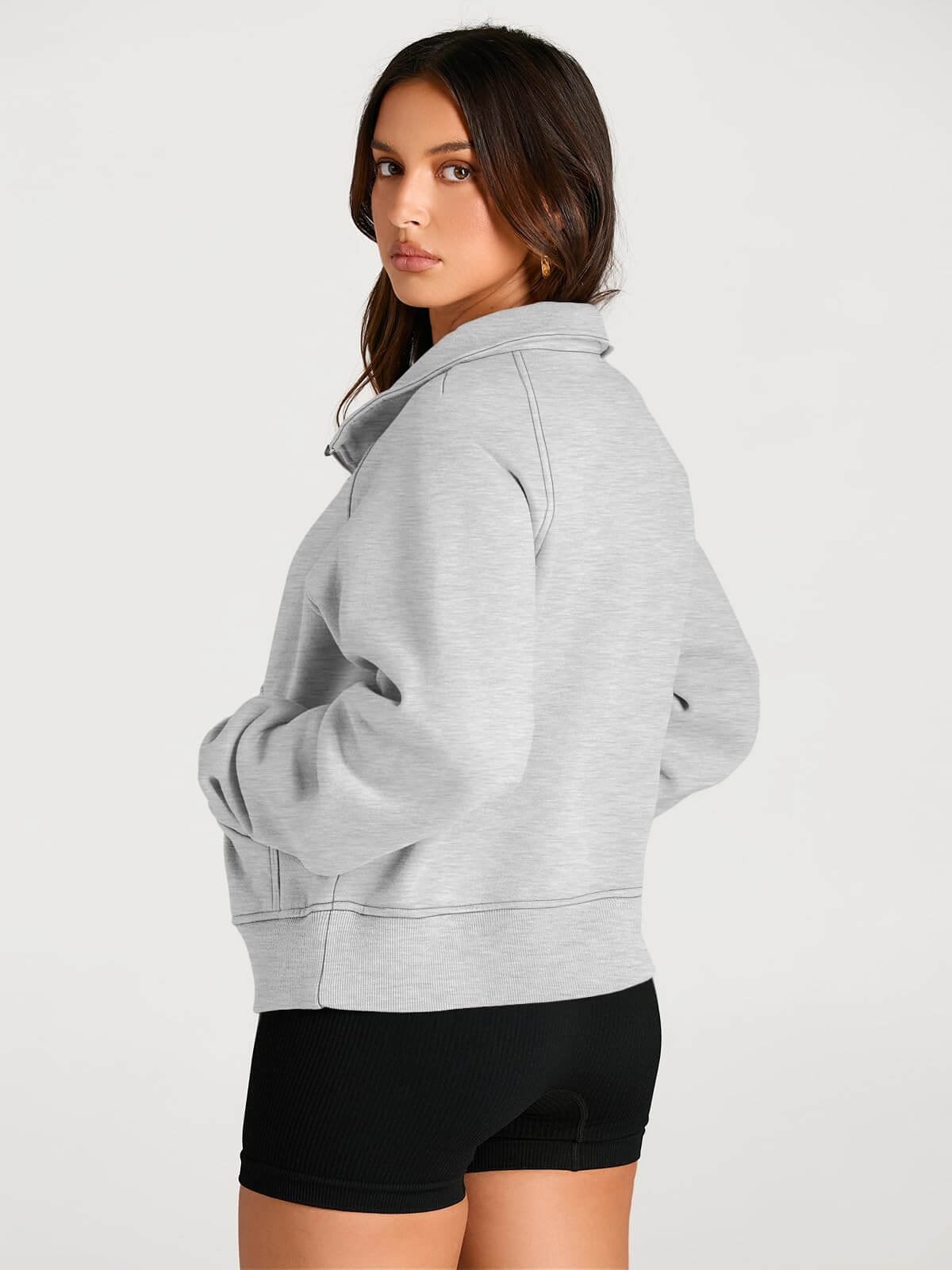 Women's Oversized Half-Zip Fleece Pullover Hoodie - Cozy Fall Sweatshirt / Grey - Image 5