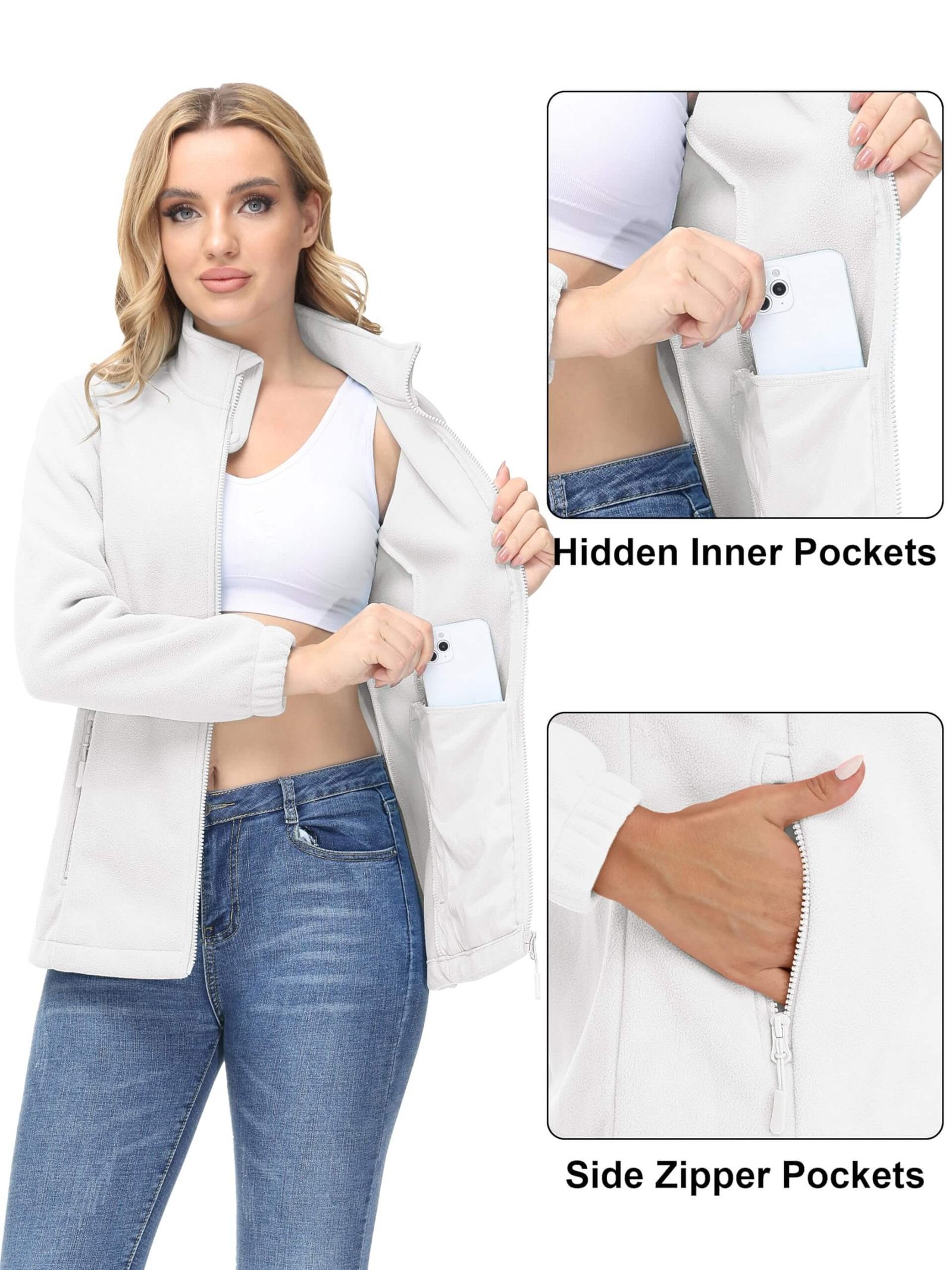 Women's Polar Fleece Zip-Up Jacket - Lightweight Soft Long Sleeve Coat with Pockets / Off-White - Image 3