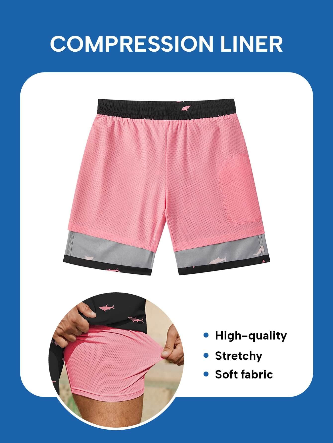 Men's 2-in-1 Swim Trunks with Pink Fish Print - Compression Liner & Quick-Dry Beach Shorts - Image 5