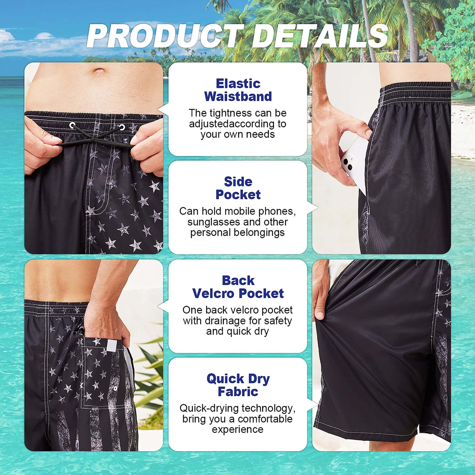 Men's American Flag Swim Trunks - Quick-Dry Beach Shorts with Mesh Liner & Pockets - Image 5
