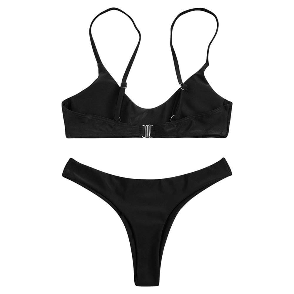 Women's Push-Up Brazilian Bikini Set - Low Scoop Neck / Padded / Solid Black - Image 5