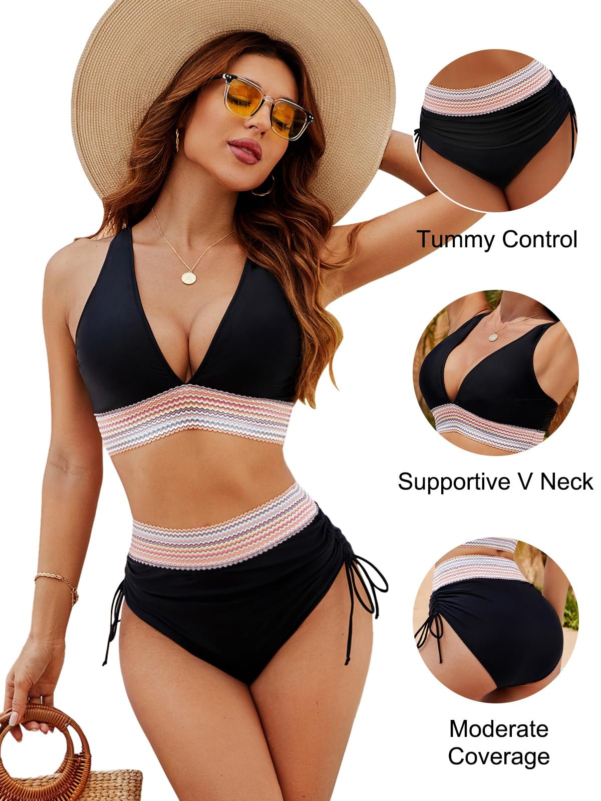 Women's High Waist Color Block Bikini Set - Tummy Control / V-Neck / Drawstring - Image 6