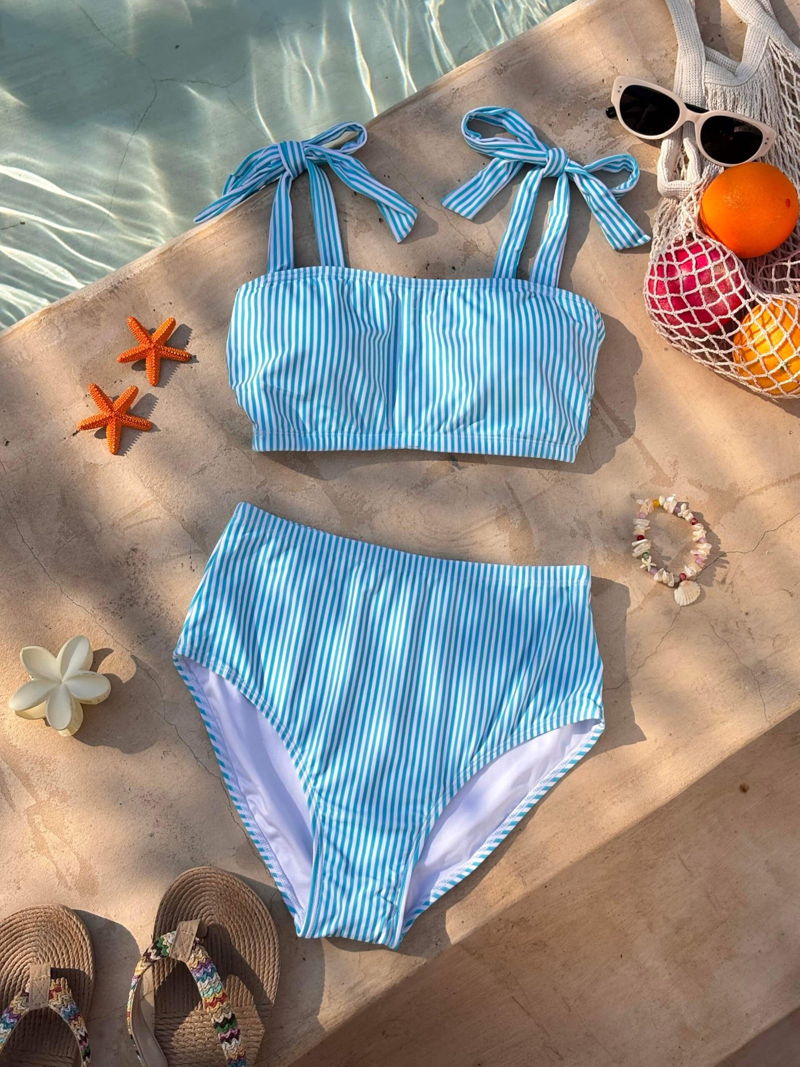 Women's Blue & White Stripe Bikini Set - Tie-Shoulder / 85% Polyester / 200g / UPF 50+ - Image 3