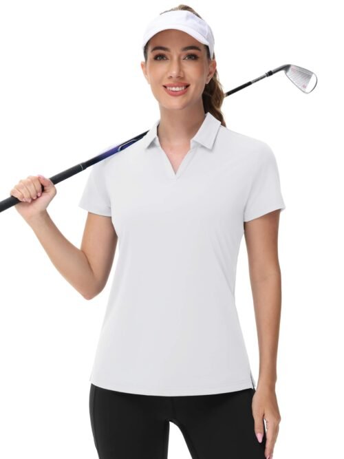 Women's white V-neck polo shirt with UPF 50 plus sun protection, quick-dry moisture-wicking golf and tennis top