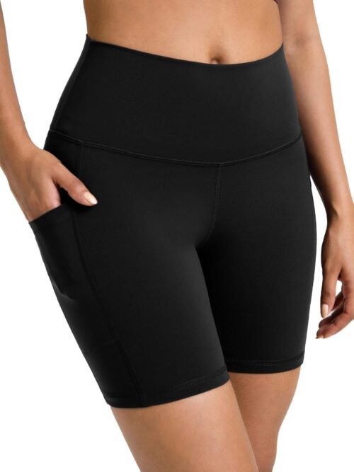 custom high rise yoga shorts 6 inch athletic shorts with pockets front view