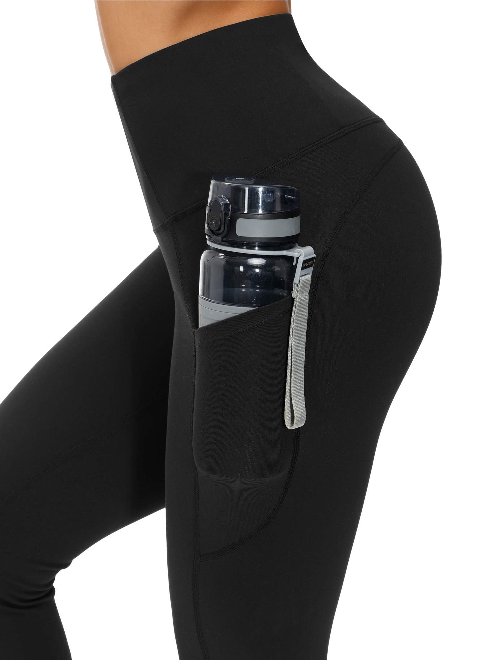 Women's Thick High Waist Yoga Pants with Pockets - Tummy Control / 4-Way Stretch / Black - Image 5