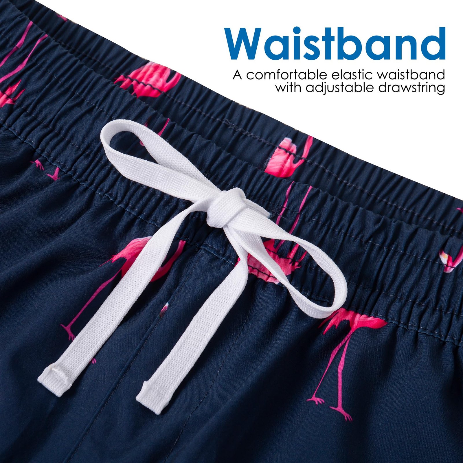 Men's Hawaiian Flamingo Print Swim Trunks - Navy Blue / Quick-Dry with Mesh Liner & Pockets - Image 4