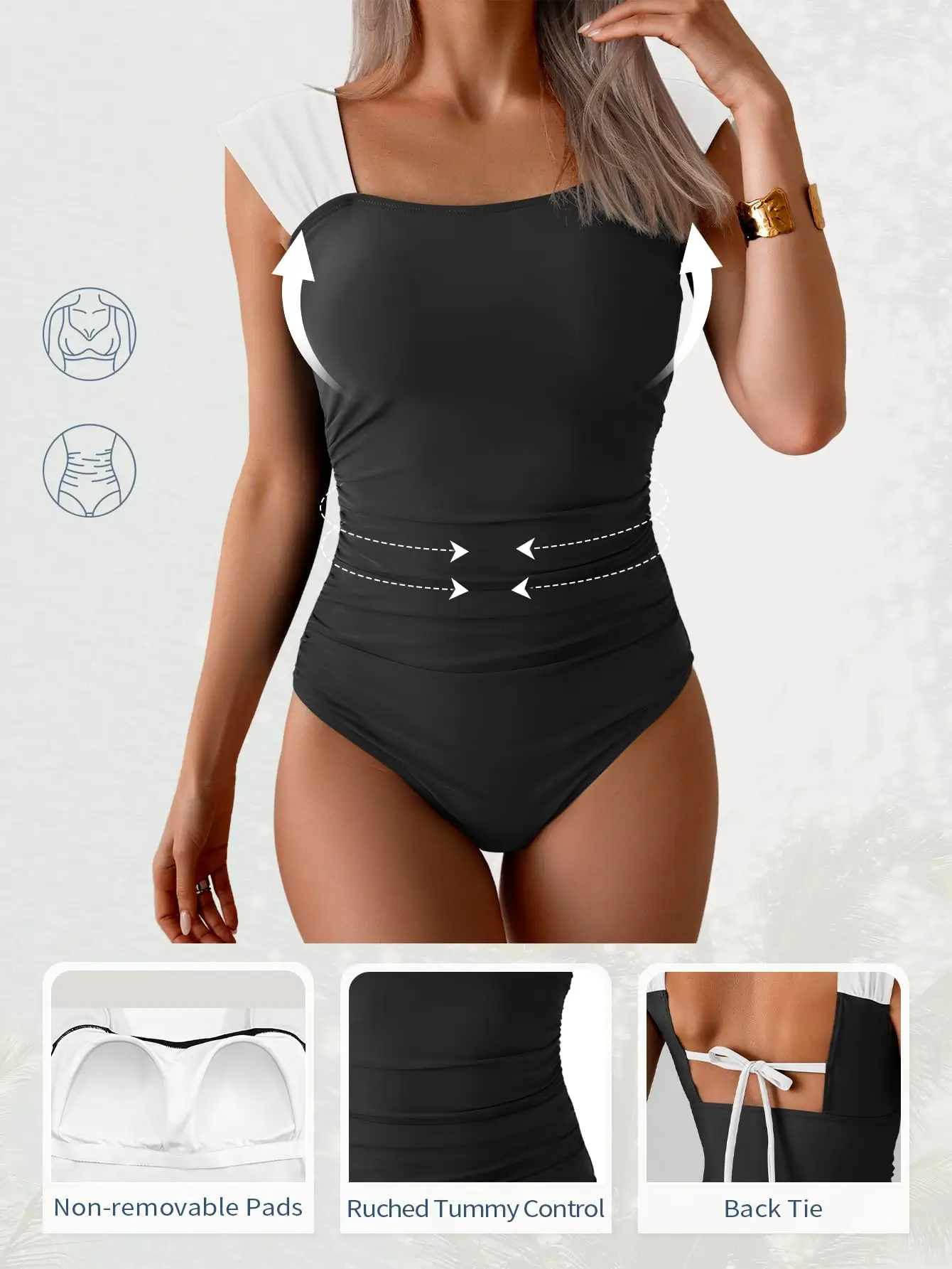 Close-up of square neckline and contrast white straps on vintage black swimsuit
