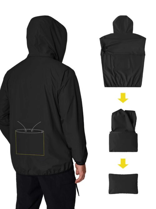 packable rain jacket folded into back pocket