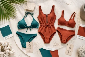 Custom swimwear manufacturer sourcing guide showing premium bikini and one piece swimwear with recycled nylon swatches