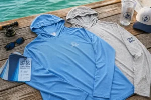 Custom UPF 50 fishing hoodie and sun protection shirts manufactured for outdoor apparel brands