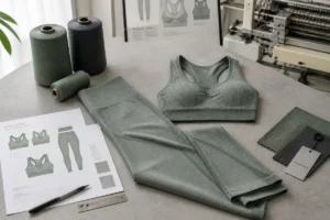Seamless activewear manufacturer production guide with knitted leggings sports bra and yarn spools