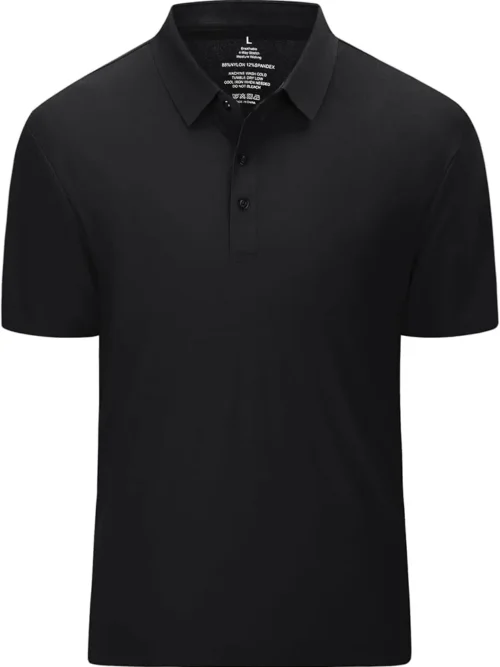 Men's black ultrasonic welded performance polo shirt with zero-chafe stitchless seams