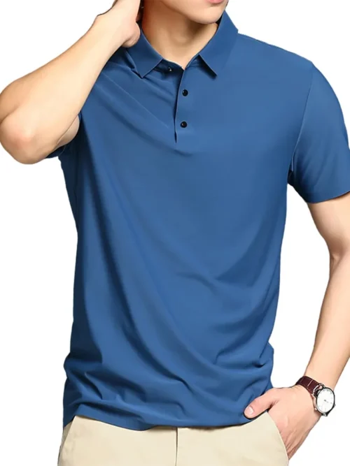 Men's glued collar tech performance polo shirt with seamless bonded tape finish