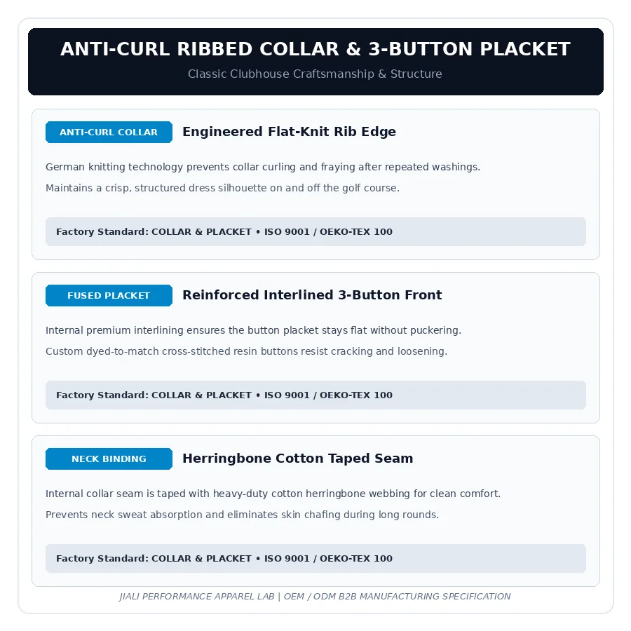 Anti-curl ribbed knit collar with reinforced 3-button placket