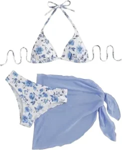 Custom two-piece bikini swimsuit set flat lay on white background showing chlorine-resistant warp knit tricot and cross-back straps