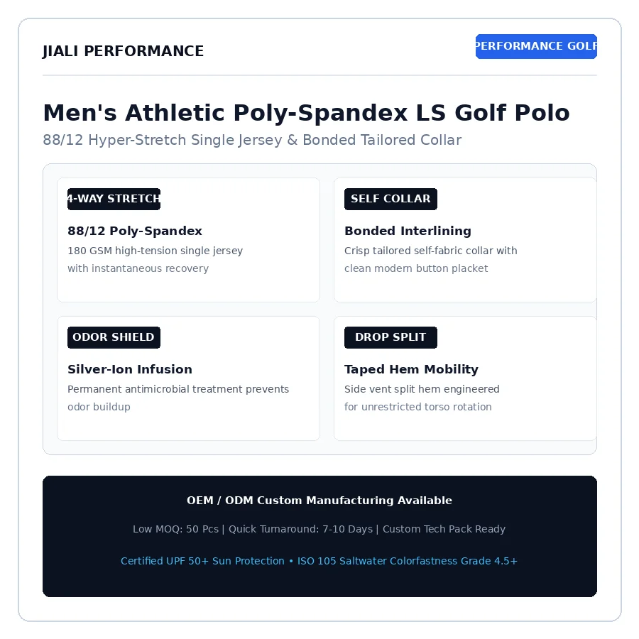 Amazon Men's athletic 88/12 poly-spandex 4-way stretch quick-dry long sleeve golf polo pure white background