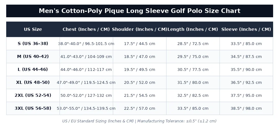 US EU Standard Men's Cotton-Poly Pique Long Sleeve Polo Size Chart