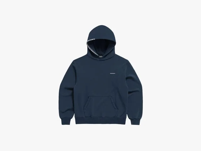 Double-layer self-fabric structured hood and matte metal eyelets detail on white background