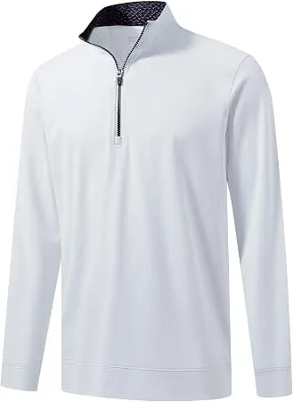 Men's custom performance quarter zip pullover long sleeve running and golf top flat lay on white background
