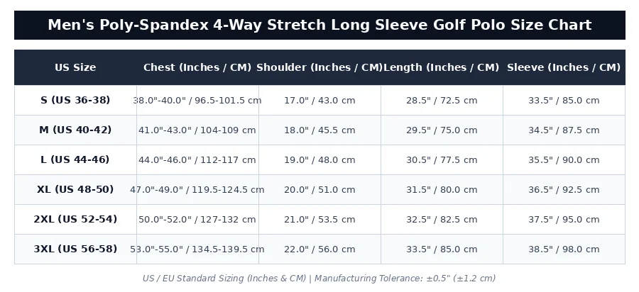 US EU Standard Men's Poly-Spandex Stretch Polo Size Chart