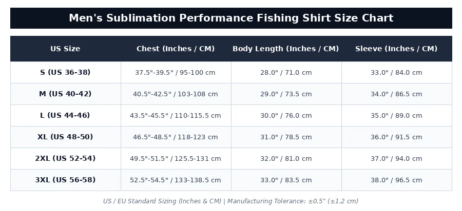US EU Standard Men's Sublimation Fishing Shirt Size Chart