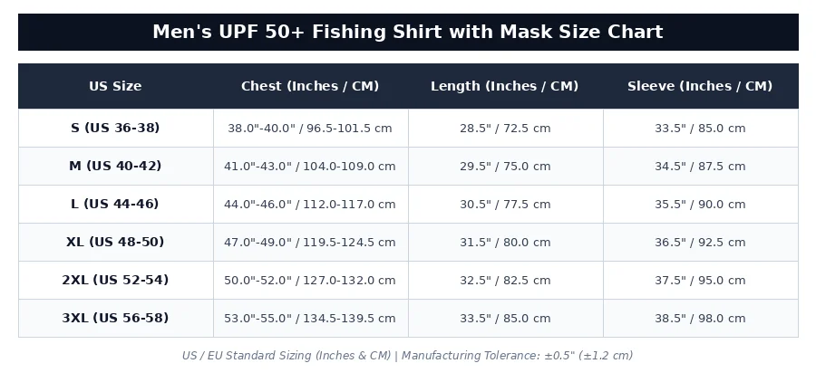 US EU Standard Men's UPF 50+ Hooded Fishing Shirt Size Chart