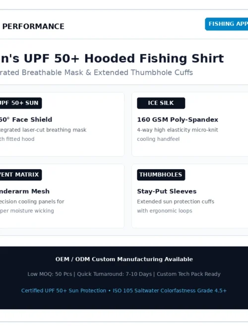 Men's UPF 50+ hooded fishing shirt with integrated face mask flat lay pure white background
