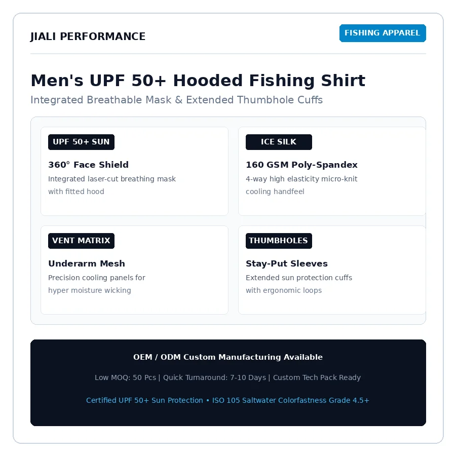 Men's UPF 50+ hooded fishing shirt with integrated face mask flat lay pure white background