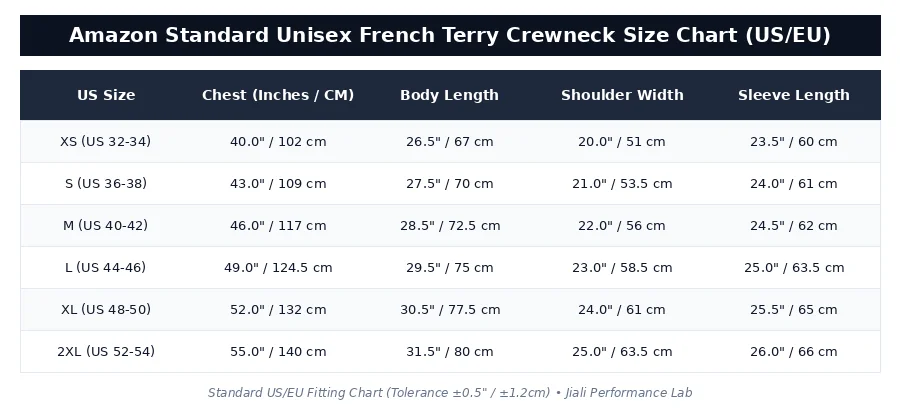 Amazon Standard Unisex French Terry Crewneck Size Chart (US/EU)