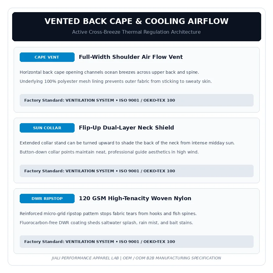 Back shoulder airflow cape vent lined with cooling mesh