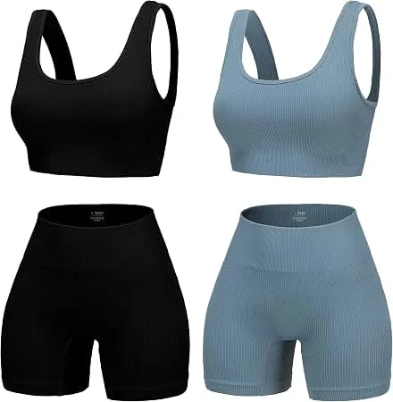 Amazon women's 2-piece seamless ribbed workout set square neck bra and biker shorts flat lay on pure white background