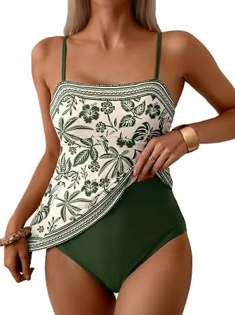 Amazon women's 2-piece flowy racerback tankini swimsuit set flat lay on pure white background