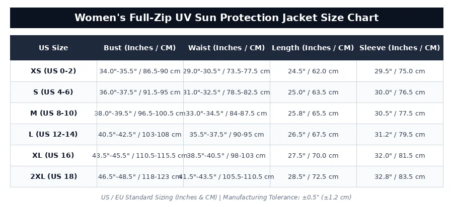 US EU Standard Women's Full-Zip UV Fishing Jacket Size Chart