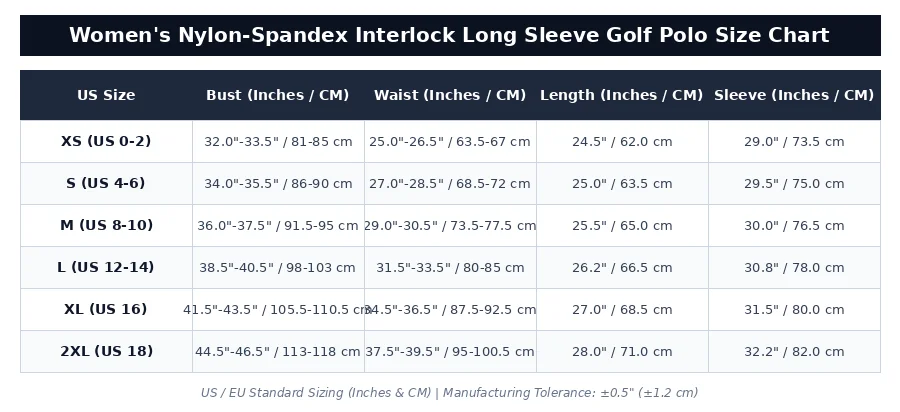 US EU Standard Women's Nylon-Spandex Interlock Polo Size Chart