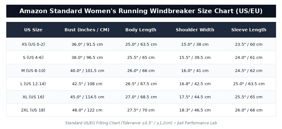 Amazon Standard Women's Running Windbreaker Size Chart (US/EU)