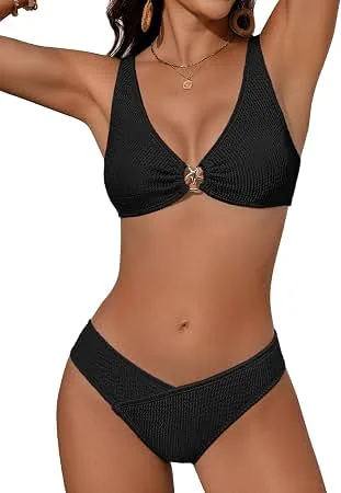 Textured ribbed knit fabric and high-leg cut bikini bottom