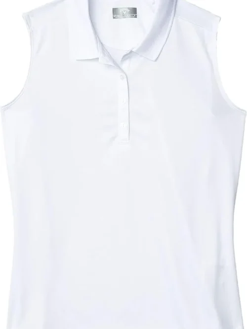 Women's sleeveless quick dry golf polo shirt UPF 50+ cooling stretch fabric flat lay on white background