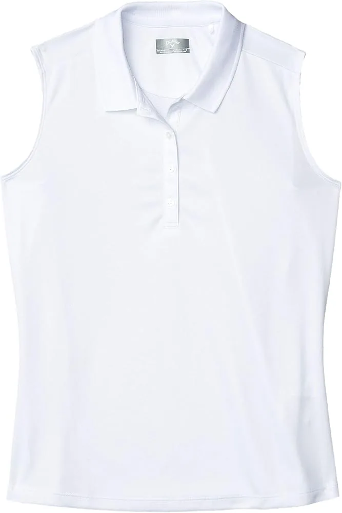 Women's sleeveless quick dry golf polo shirt UPF 50+ cooling stretch fabric flat lay on white background