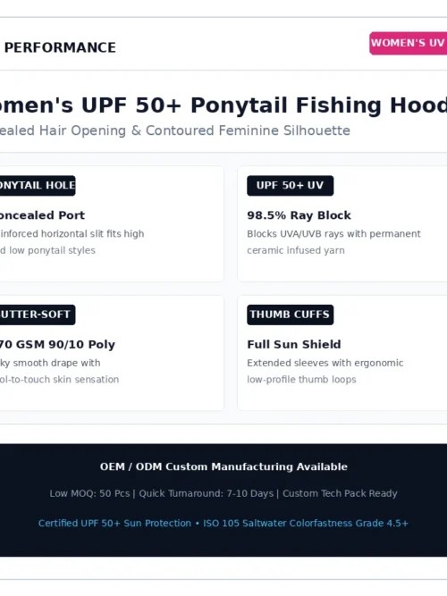 Amazon Women's UPF 50+ hooded fishing shirt with ponytail hole and thumbholes flat lay white background