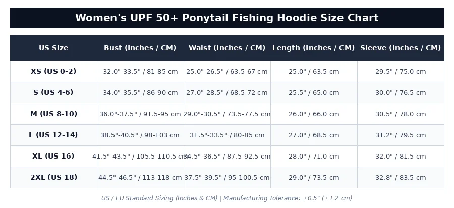 US EU Standard Women's Ponytail Fishing Hoodie Size Chart