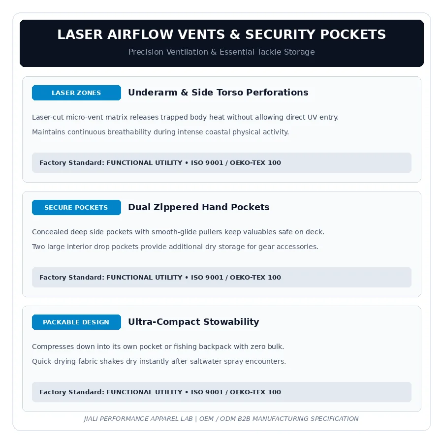 Concealed zippered hand pockets and underarm laser ventilation