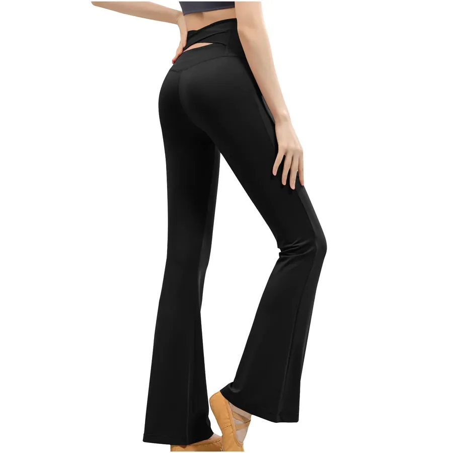 Amazon women's v-crossover high-waisted bootcut flare yoga pants flat lay on pure white background